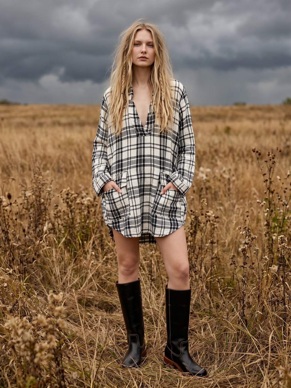 Free People CP Shades Checkmate Gauze Plaid Tunic Dress Navy White XS Coastal
